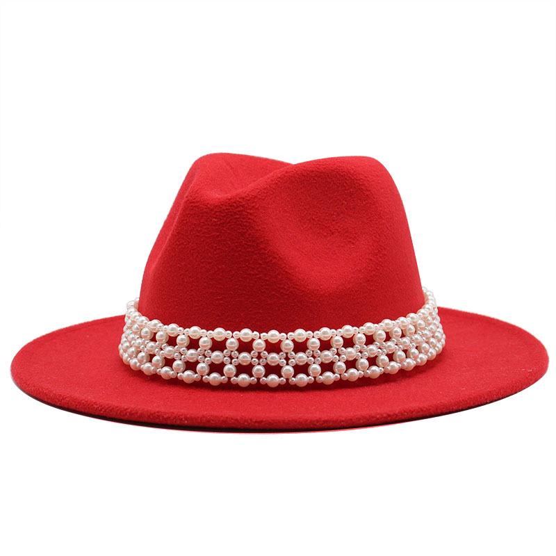 High-Grade Pearl Woolen Top Hat, Flat-Brimmed Big Eave Hat, Versatile Straight-Brimmed Jazz Hat