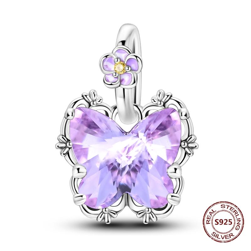 Butterfly Charm copper Authentic Pink Blue Zircon Fly Butterflies Safety Chain Clip Charm Bead Charms Compatible With Bracelets Do It Yourself Jewelle
