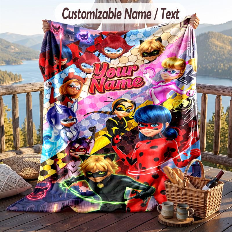Coperta in Flanella Miraculous Ladybug, Testo con Nome Personalizzato, Morbida Calda Coperta Plaid in Peluche per Regalo