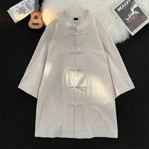 Cotton Linen Men's Shirt Five-Quarter Sleeve Breathable Sweat Loose Fit Collarless Short Sleeve