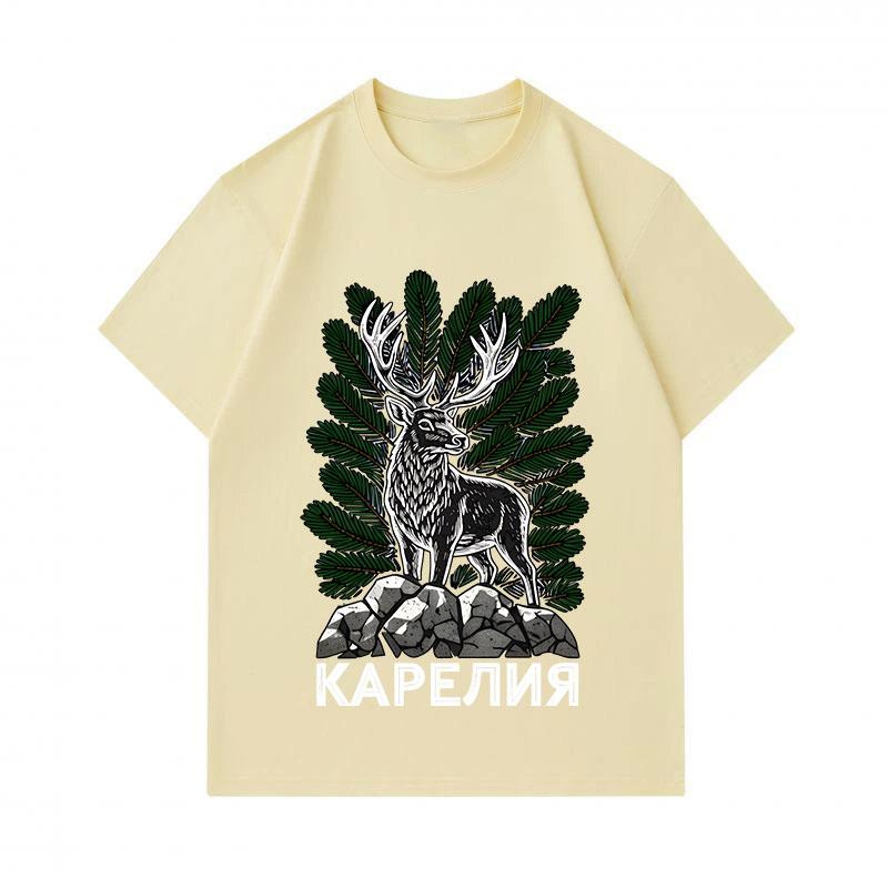 Men's 100% Cotton Short Sleeve Crew Neck T-shirt, Retro Karelia Deer Pine Nature Printed Casual Daily Comfortable Lightweight Tee for Outdoor Lover
