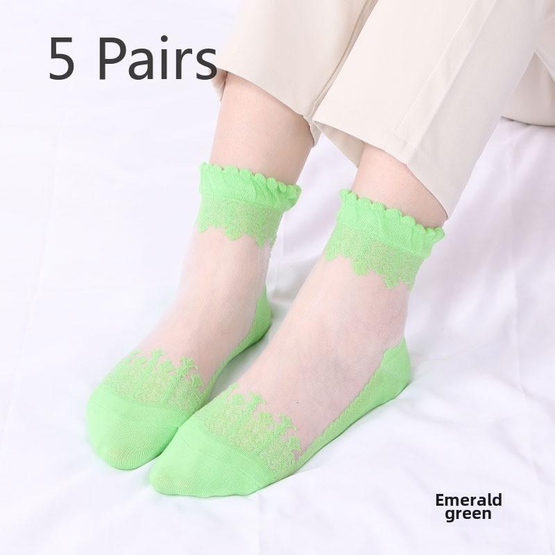 5 Pairs of Women's Spring Thin Mid Cylinder Cotton Sole Lace Lace Socks