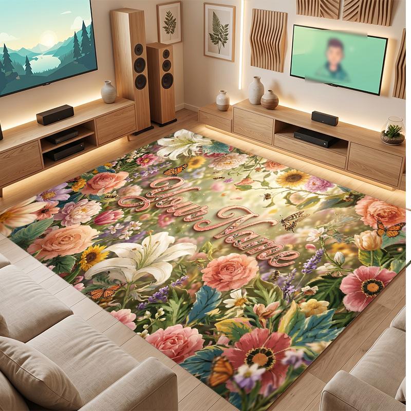 Floral Garden Theme Soft Crystal Velvet Rug Custom Name & Text Print Non Slip Floor Rug for Bedroom Living Room