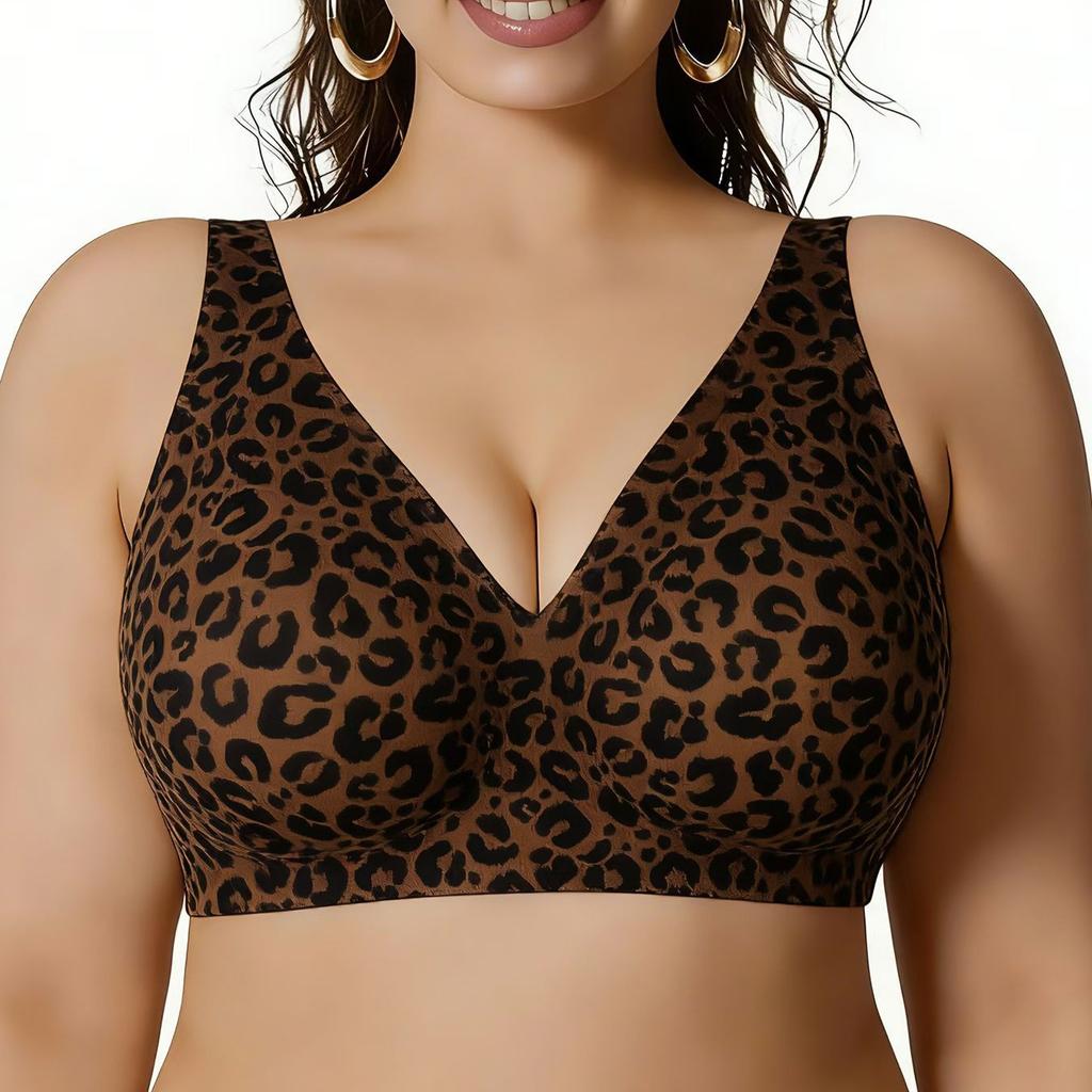 Plus Size Wireless Seamless Bra with Jelly Strips Ice Fabric Outer Expanding Lifting Gathered Leopard Print Intimates for Women