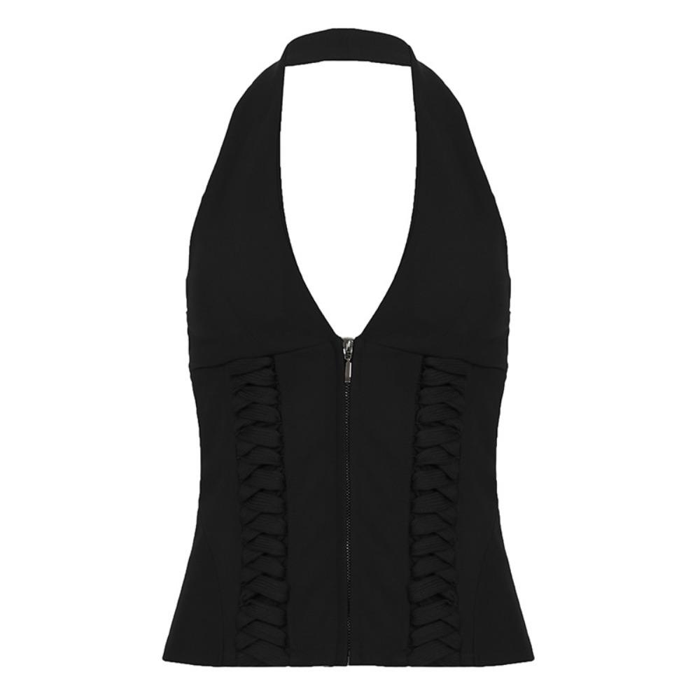 Deep V Neck Sleeveless Crop Top Tie Up Waist Strap Women Camisole Halter Vest Top Female