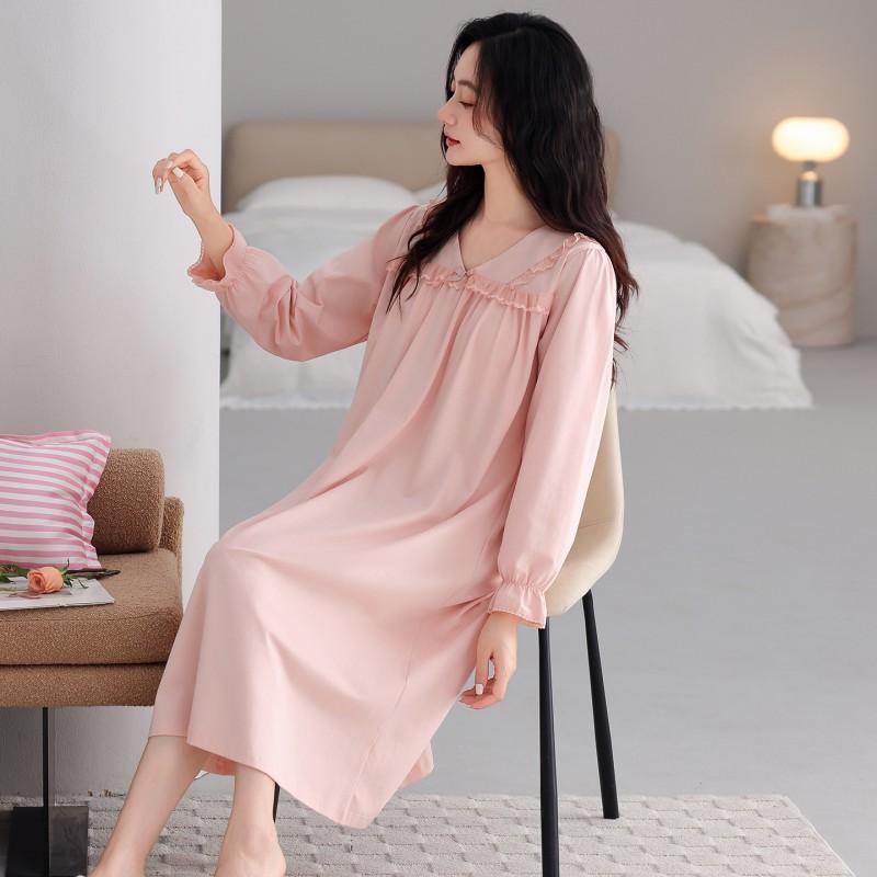 Womens Long Sleeve Cotton Nightgown With Built-in Bra Soft Loungewear