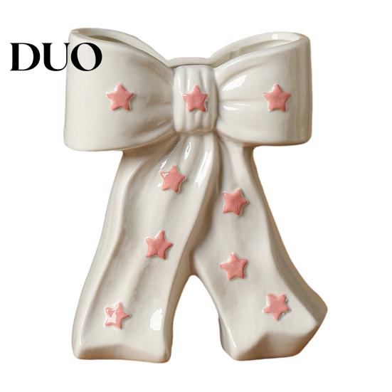 Dried Flower Holder Ceramic Bow Vase with Star, Decorative Flowers Vase, Creative Romantic Home Accessories Arrangement for Living Room Table
