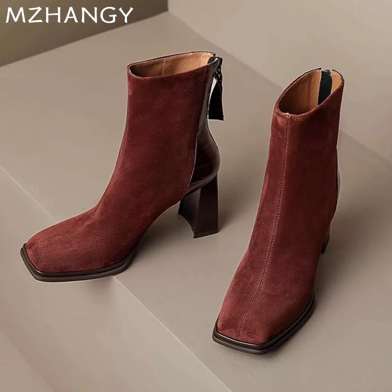 Women Suede Square Toe Ankle Boots Elegant High Heels Shoes Woman 2025 Trend Winter Dress New Pumps Motorcycle Boots Mujer Botas