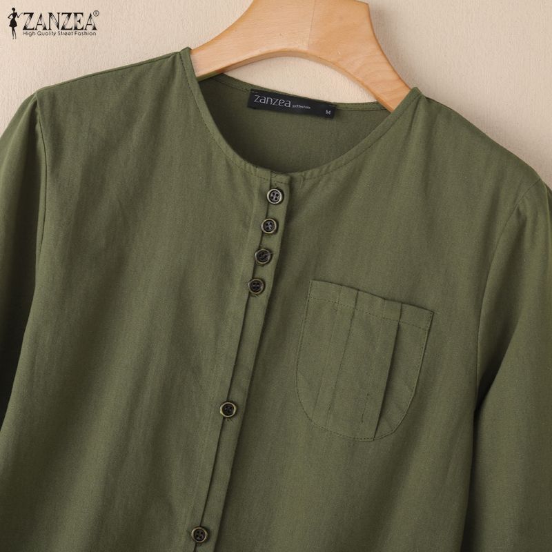 ZANZEA Lässige Damenbluse mit Rundhalsausschnitt und 3/4-Ärmeln, lockere Baumwollbluse