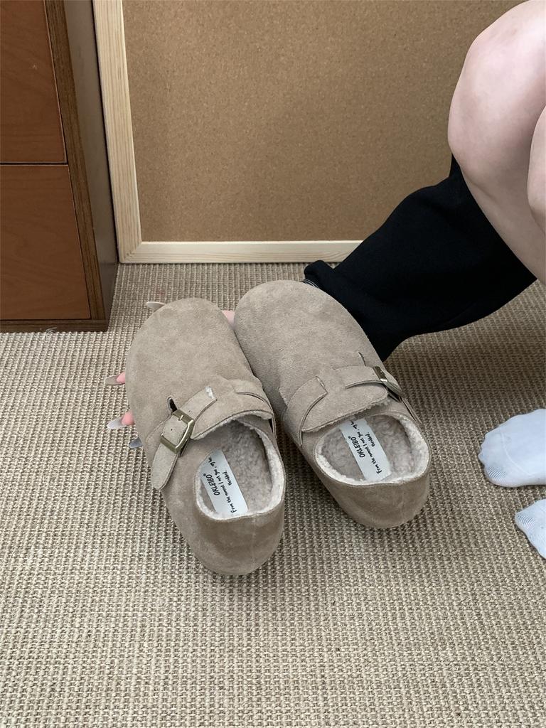 5CM inner height increase for small people~ Birkenstock shoes women's thick-soled half-drag velvet autumn and winter cotton shoes new bag head cowhide