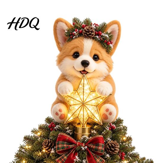 Cute Puppy Ornament Dog Christmas Tree Topper with Light Warm LED Star Plush Decoration Universal Base for Pet Lover Unique