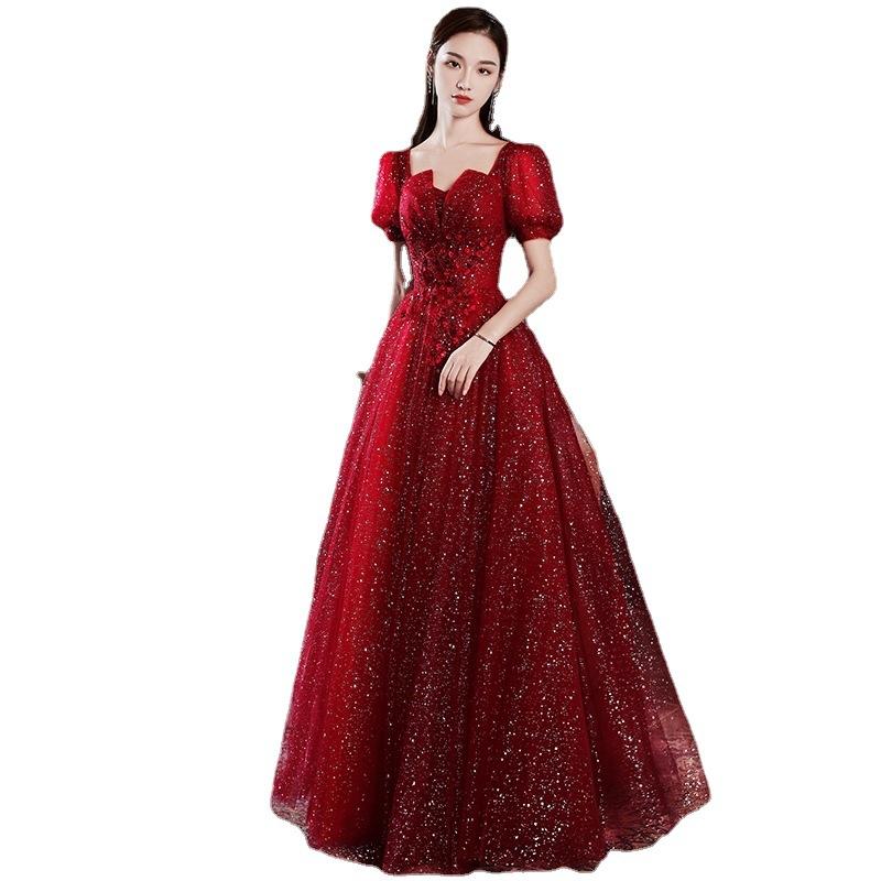 Burgundy Toast Bride 1011 New Summer Wedding Return Gauze Dress Light Luxury Banquet Evening Dress