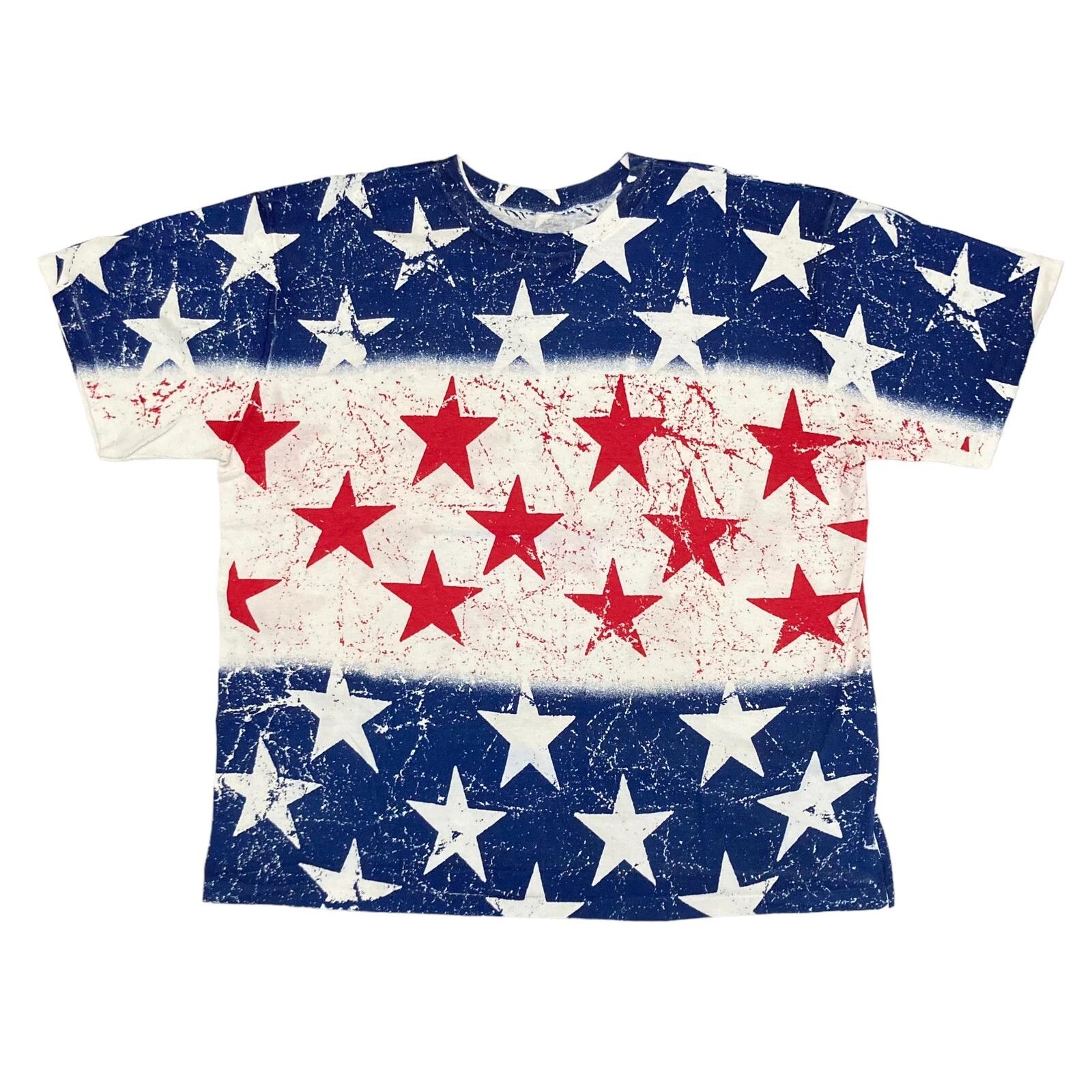 Vintage USA Patriotic Red White & Blue Stars Flag AOP T-shirt XL Single Stitch M