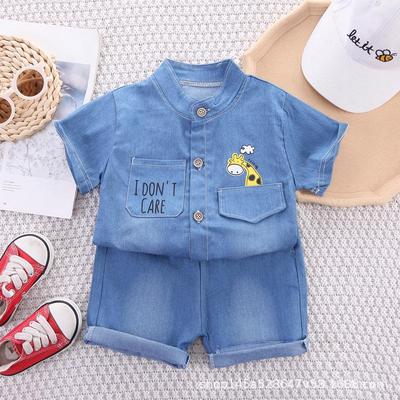 Elegante Set Estivo Due Pezzi in Denim con Scollo a Revers a Manica Corta per Bambini e Bambine