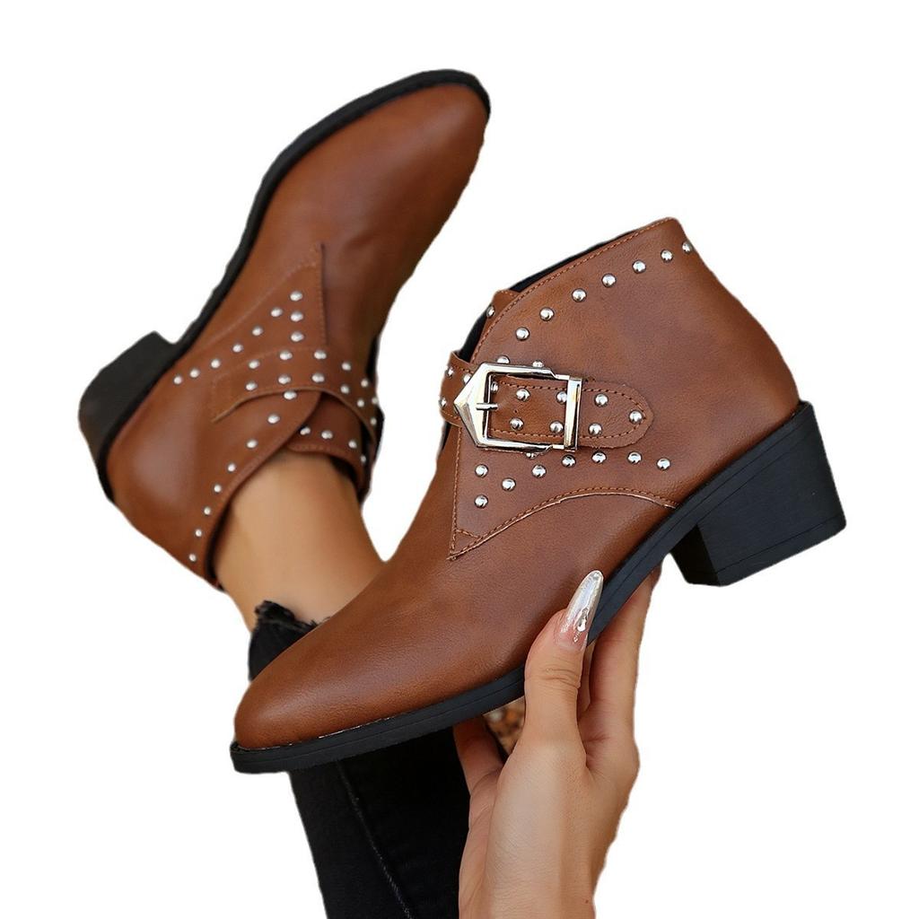 Women's Studded Buckle Ankle Boots Trendy Casual Martin Boots