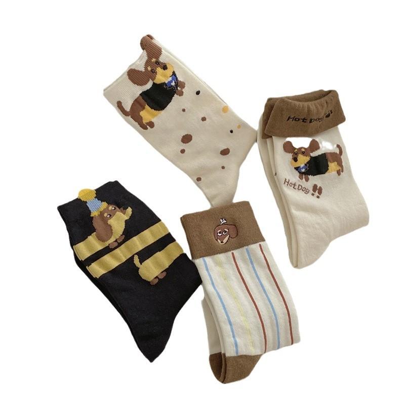 Puppy Embroidered Medium Tube Socks Flanged Cartoon Dachshund Dog Vertical Strip Stacking Socks Cute Niche Socks Women