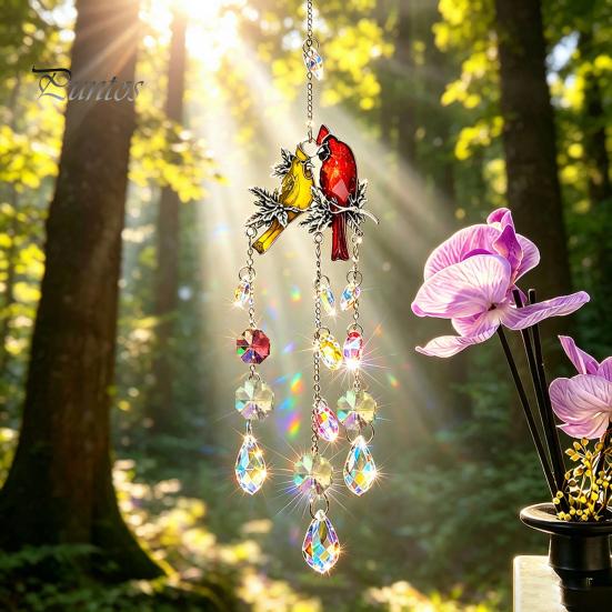 Colorful Light Catching Decor Cardinals Faux Crystals Suncatcher, Hanging Sun Catcher for Windows, Bird Wind Retro Chime Garden Chimes with