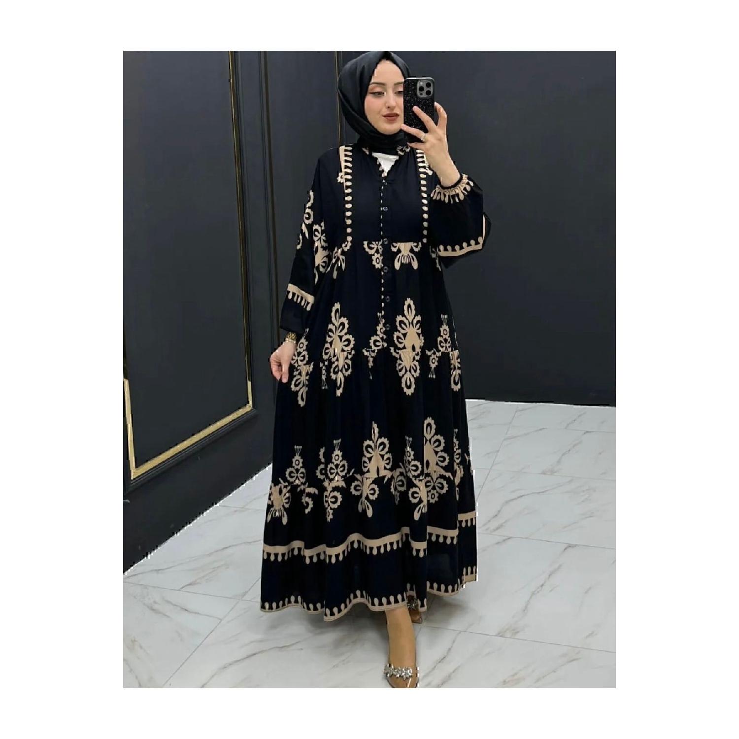 

Черное платье-хиджаб свободного покроя из вискозной ткани с этническим рисунком