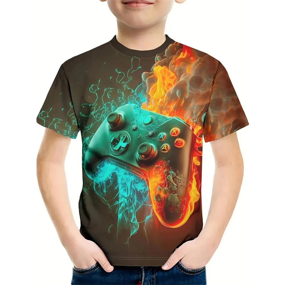 T-Shirt for Kids 3D Print Gamepad Doodle Boy's T-shirts Casual Round Neck Short Sleeves Tees Tops Summer Girl Clothing