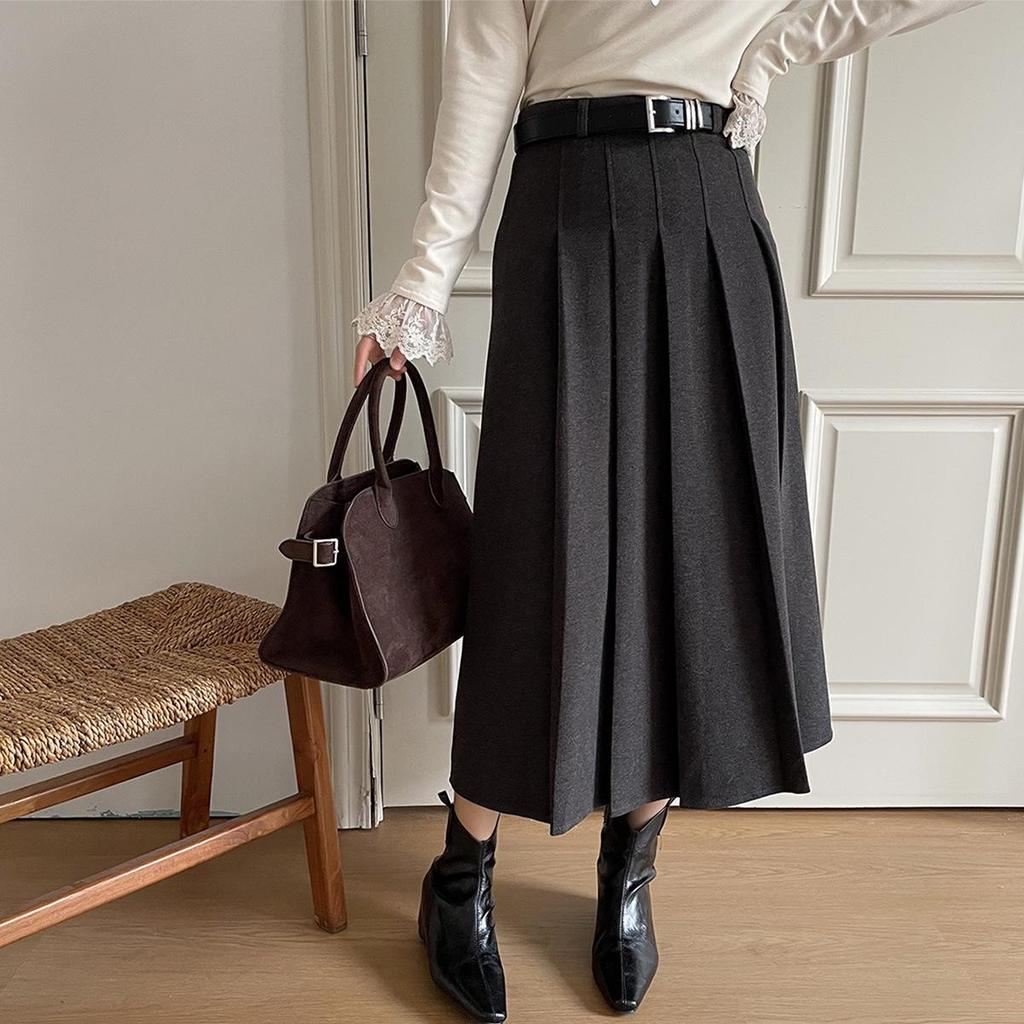 Lizhiqi Women's Woolen A-Line Pleated Midi Skirt - 2024 Winter Collection, High Waist, Slimming Fit