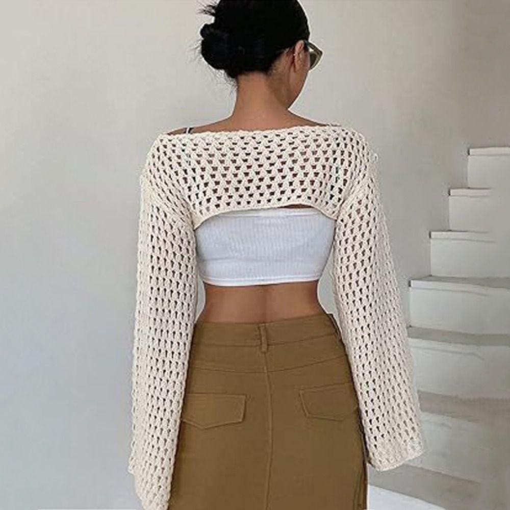 Soft Sleeve Shrug Sweater Acrylic Fibers Knit Hollow Out Crop Top Women Crochet Crop Top  Beach