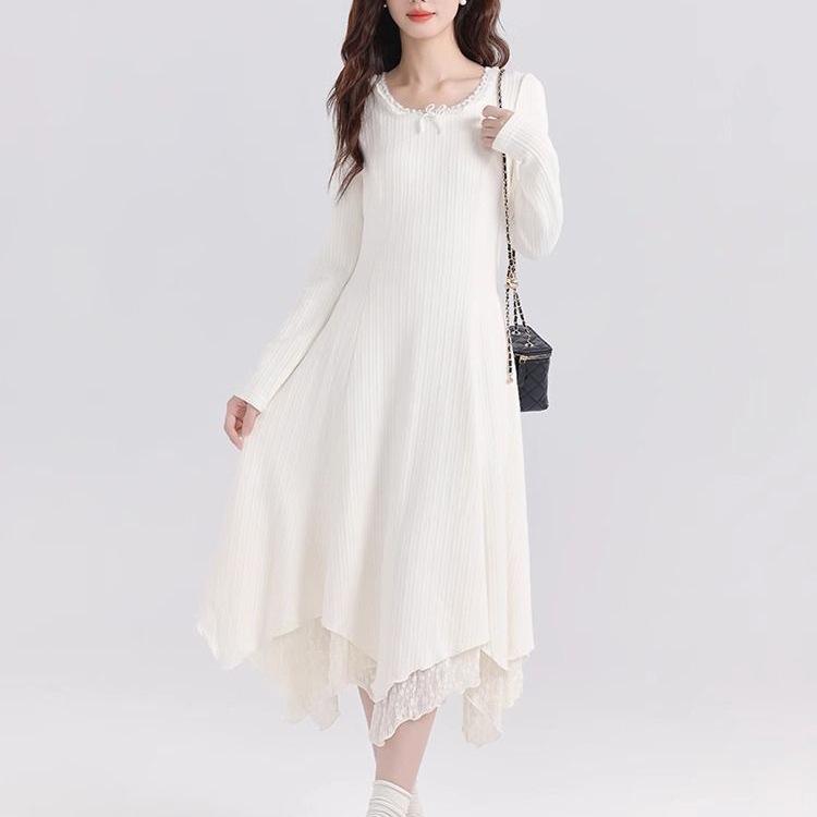 Pure White Lace Long Dress for Women - Versatile Inner Wear, Perfect for Pairing with Coats in Autumn and Winter 2025