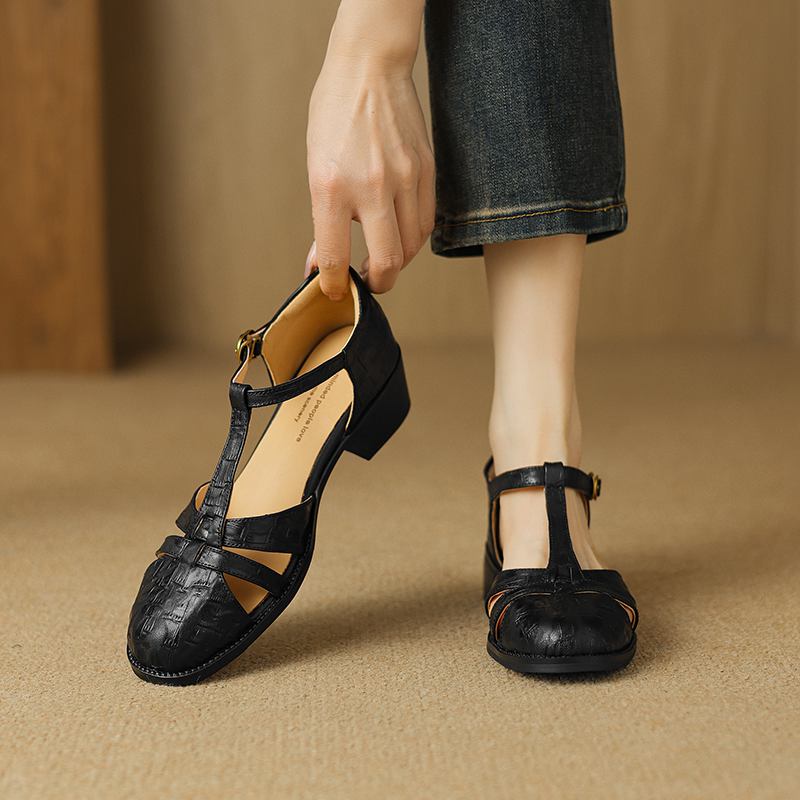 Krazing Pot Sheepskin Buckle Straps Round Toe Med Heels Autumn Summer Prints Leather Mary Janes Women Pumps