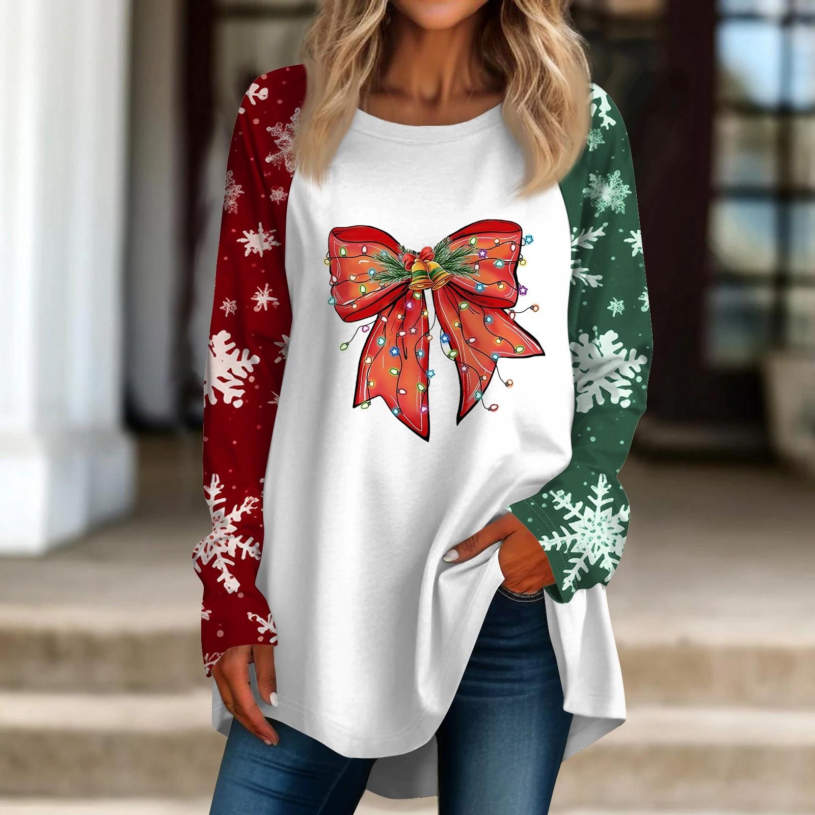 

Женская повседневная футболка больших размеров с длинными рукавами и круглым вырезом с рождественским принтом, топ, пуловер XL винный