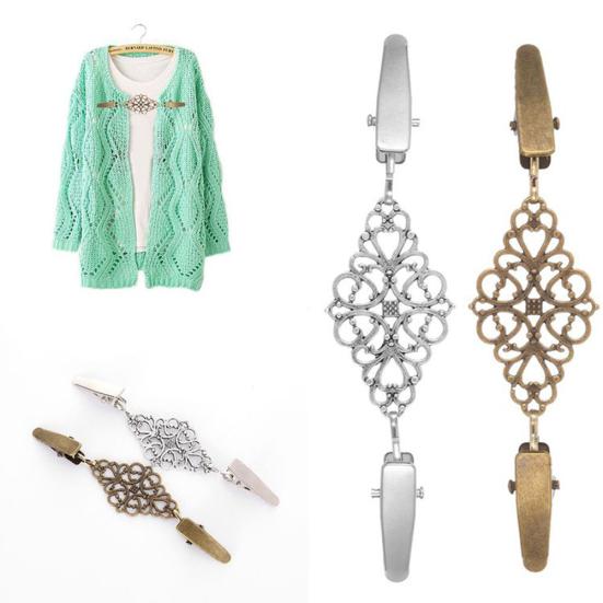 Women Vintage Hollow Floral Cardigan Collar Clip Dress Shawl Cinch Clasp Pin