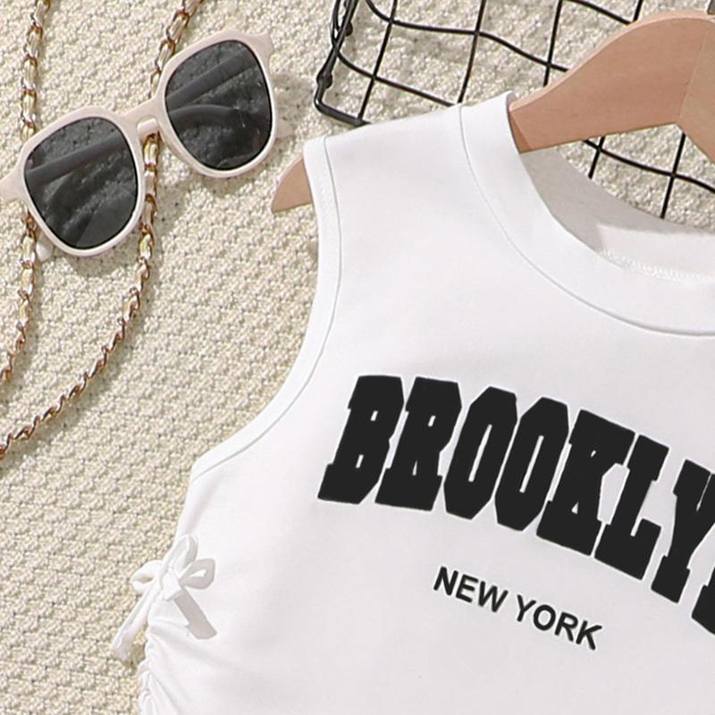 New Girls' Summer Sleeveless Letter Print T-Shirt + American Style Cargo Pants 2-Piece Sets