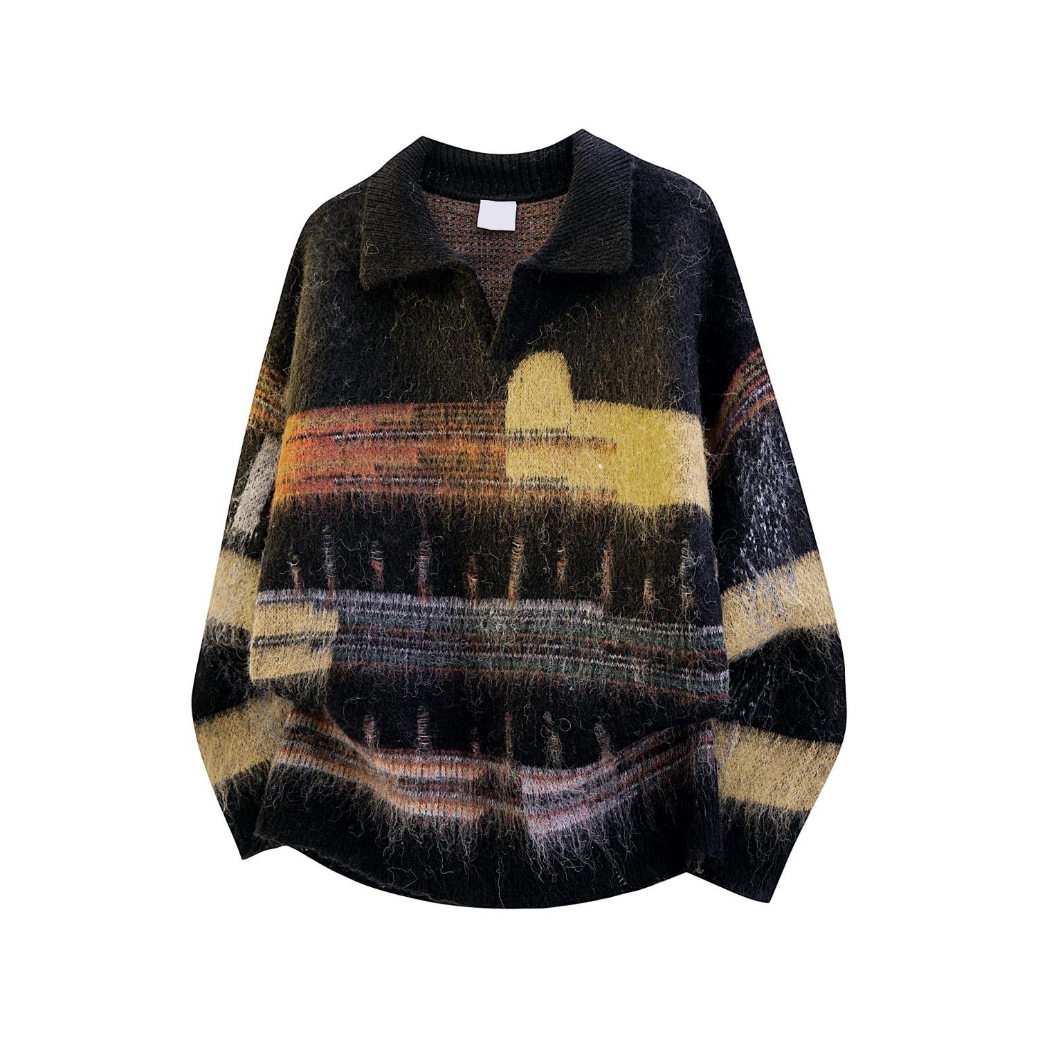 Унисекс ретро вязаный свитер в стиле колор-блок с повседневным отложным воротником M