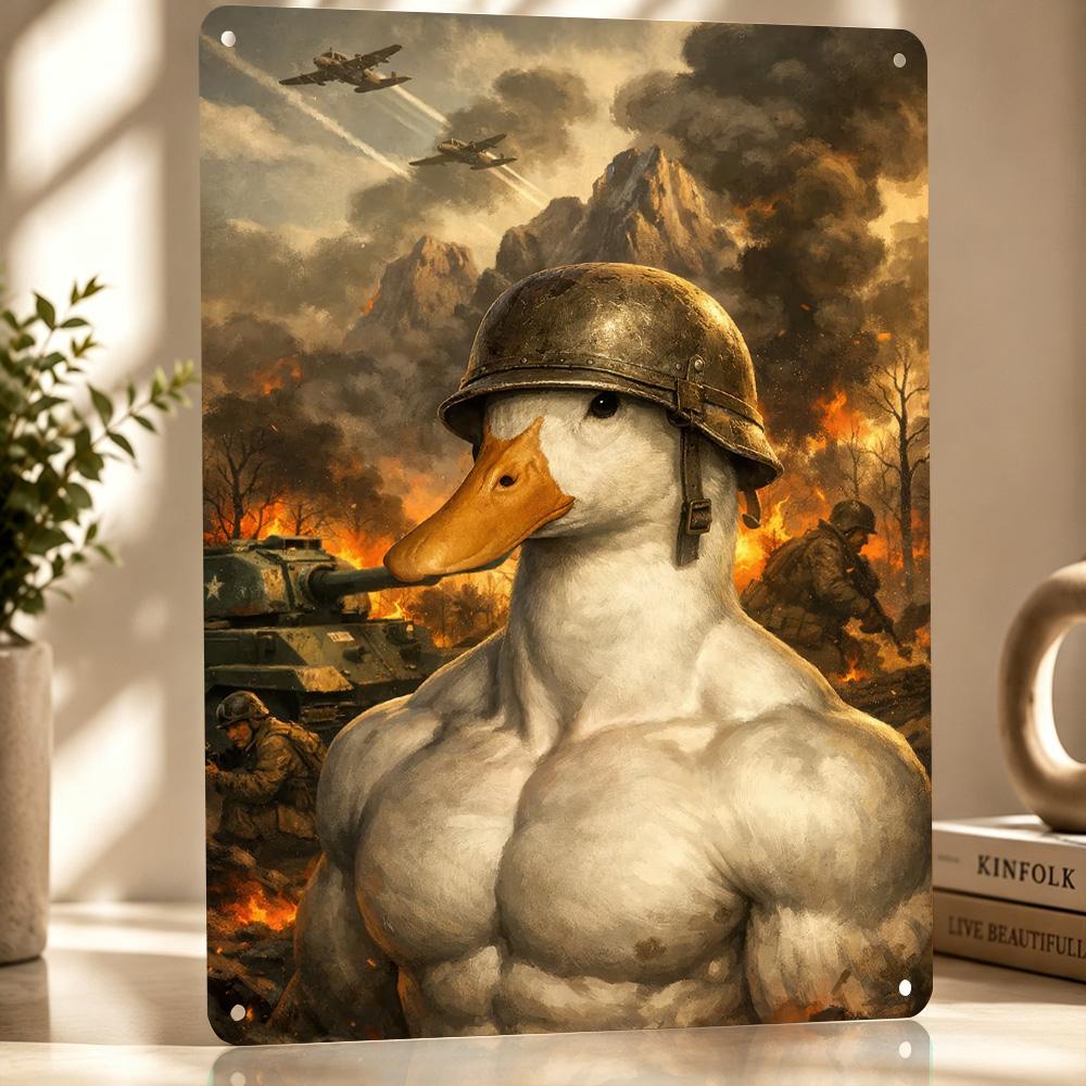 Muscular Duck Soldier In War Scene Personalized D Textured Metal Poster Wall Art Tinplate Sign for Luxury Decoration Home Room