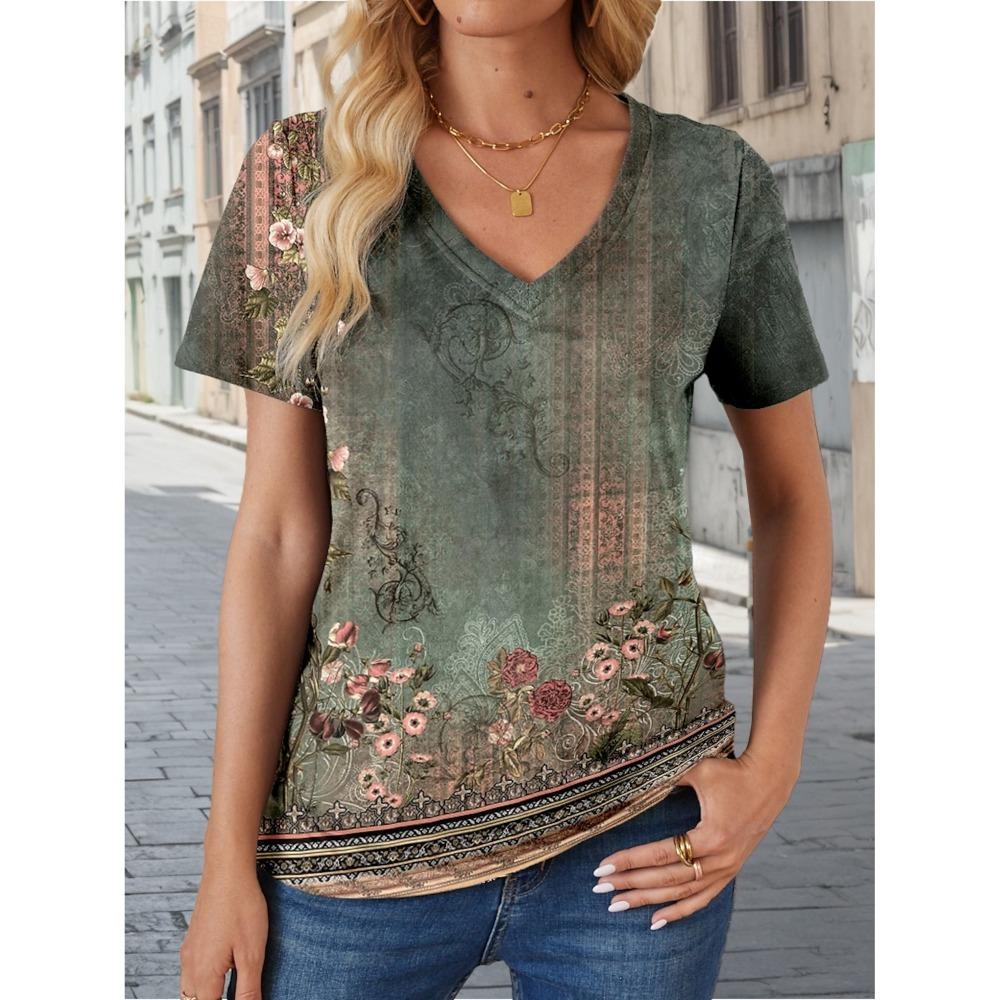2025 ethnisches Damen-T-Shirt Retro-Grafik Mode Kurzarm V-Ausschnitt reguläre Bluse Druck Sommer und Frühling Freizeitbluse