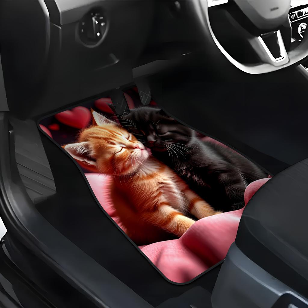 4pcs Two Kitten Print Car Floor Mats, Elegant Interior Decor Accessories For Daily Driving, All Season Fashionable Auto Interior