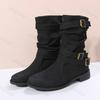 Women Ankle Boots 2026 Autumn Retro Round Toe PU Leather Femme Mid-heel Stubby Short Boots Outdoor Fashion Pleated Casual Shoes