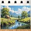 1pc Large Pastoral Landscape Wall Tapestry - Serene Countryside Mural with Stone Cottage & Green Fields, All-Season Wall Hanging