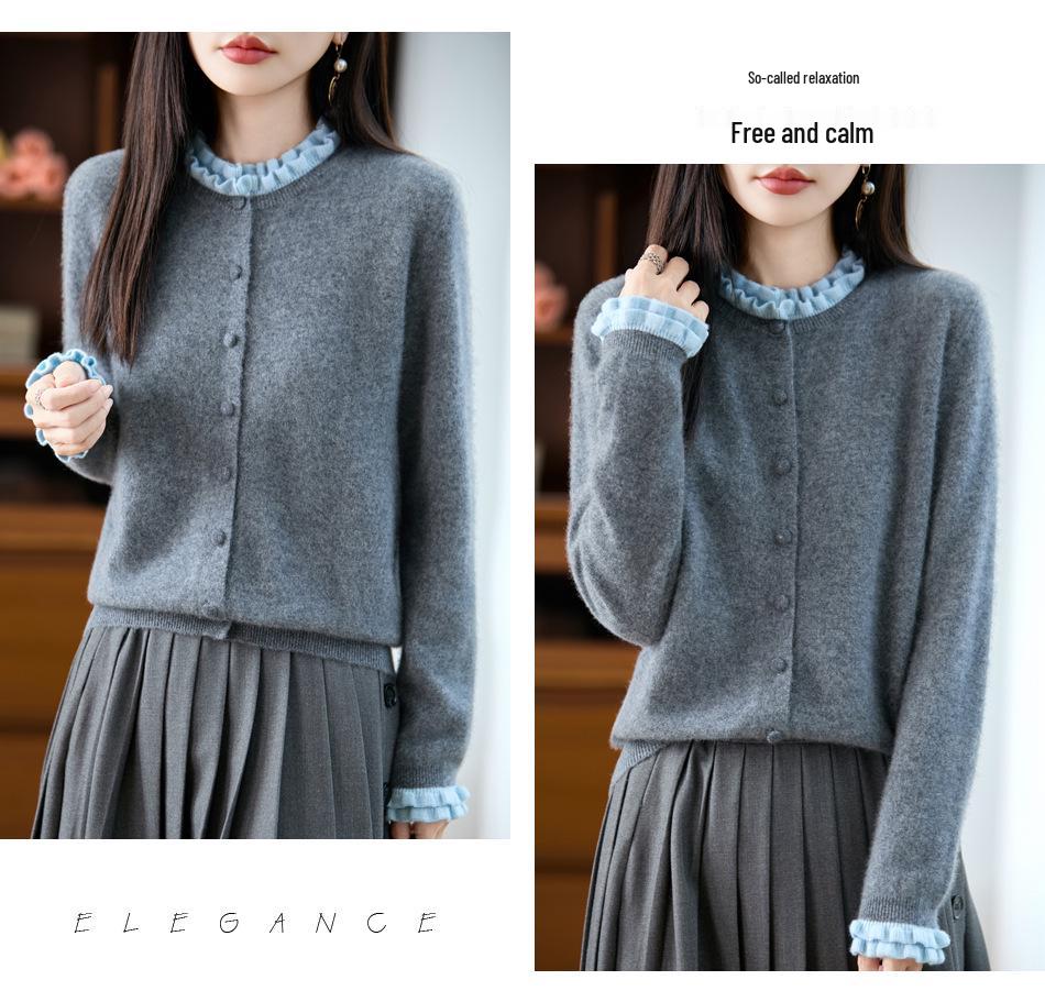 Women's Stylish Color Block Lace Knit Cardigan Sweater with Wood Ear Details and Button Closure for Fall and Winter