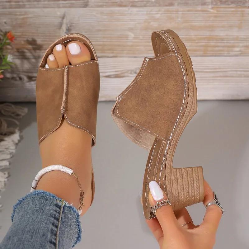 Fashion Shoes for Women 2024 High Quality Outdoor Women' Slippers Summer Solid Open Toe Chunky Heels Water Proof Concise Mature Slippers