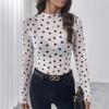 Women Sheer Polka Dot Mesh Half High Neck Long Sleeve Sexy T Shirt Top
