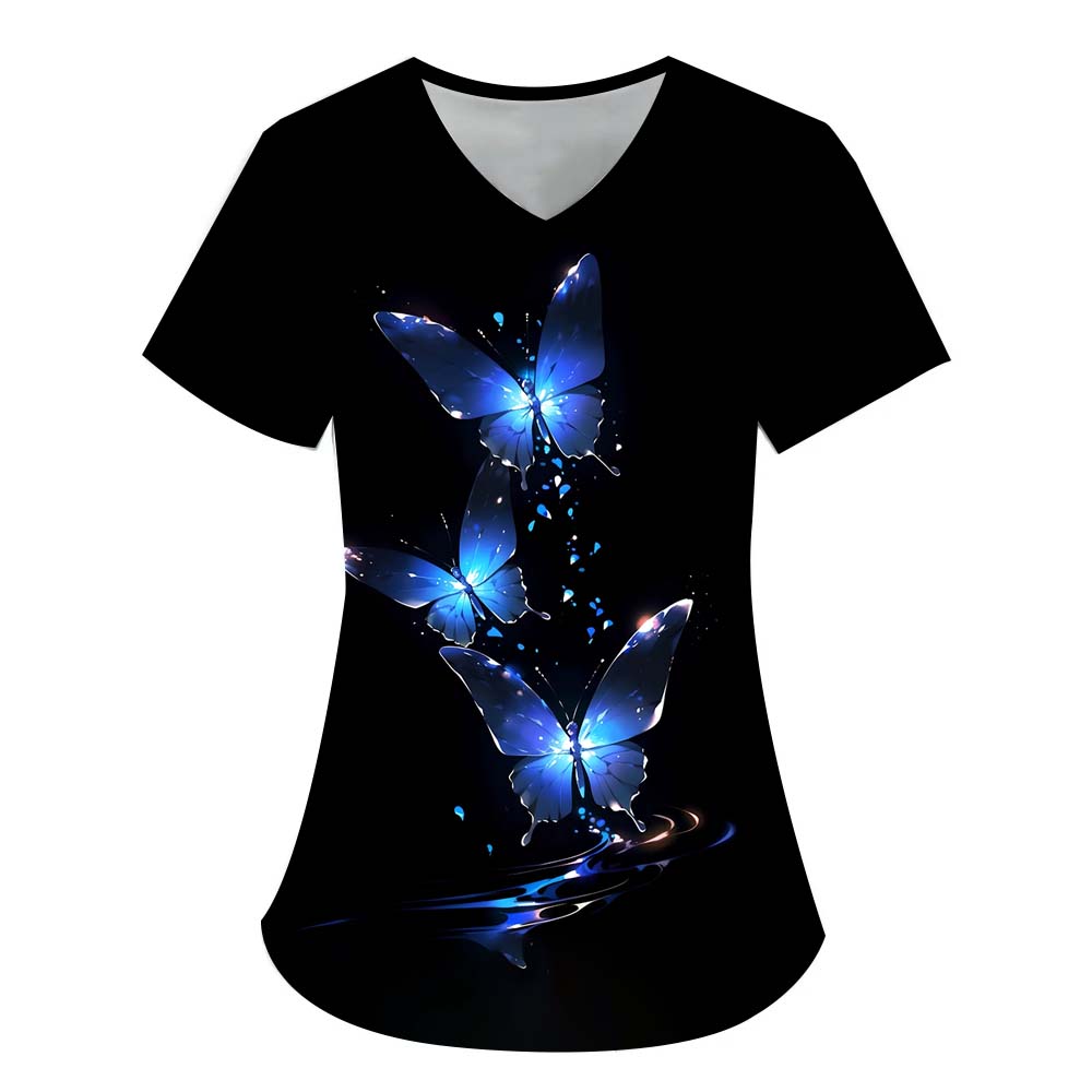 Chirurgický úbor dámský s potiskem 3D motýlů, výstřih do V, ošetřovatelská kapsa, veterinářské pracovní oblečení, lékařská ošetřovatelská uniforma pro ženy