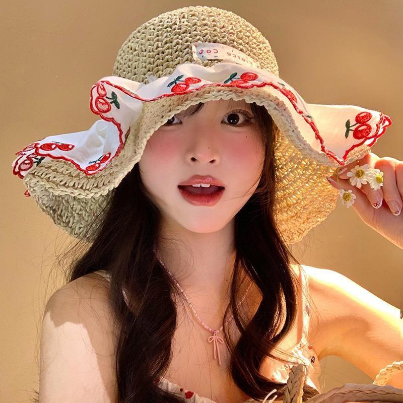 Cherry Sun Lace Hat Women Summer Beach Vacation Large Brim Sun Cap Protection