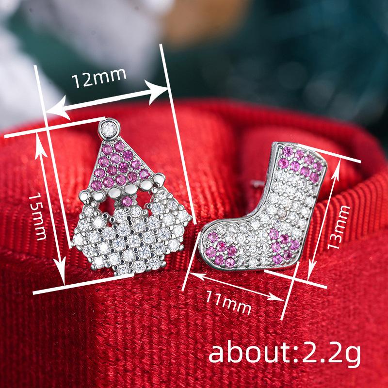 Asymmetrical Santa Stud Earrings, Wishing Socks, Wax-Set Zircon Jewelry, Christmas.