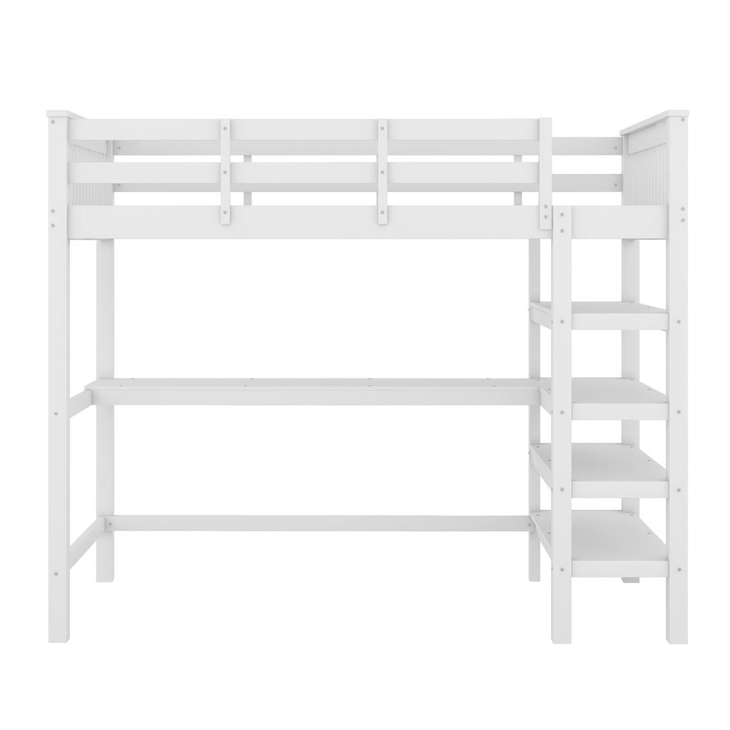 Hochbett, 90 x 200, Kinderhochbett mit Staufächern und Schreibtisch darunter, Ohne Matratze, Weiß