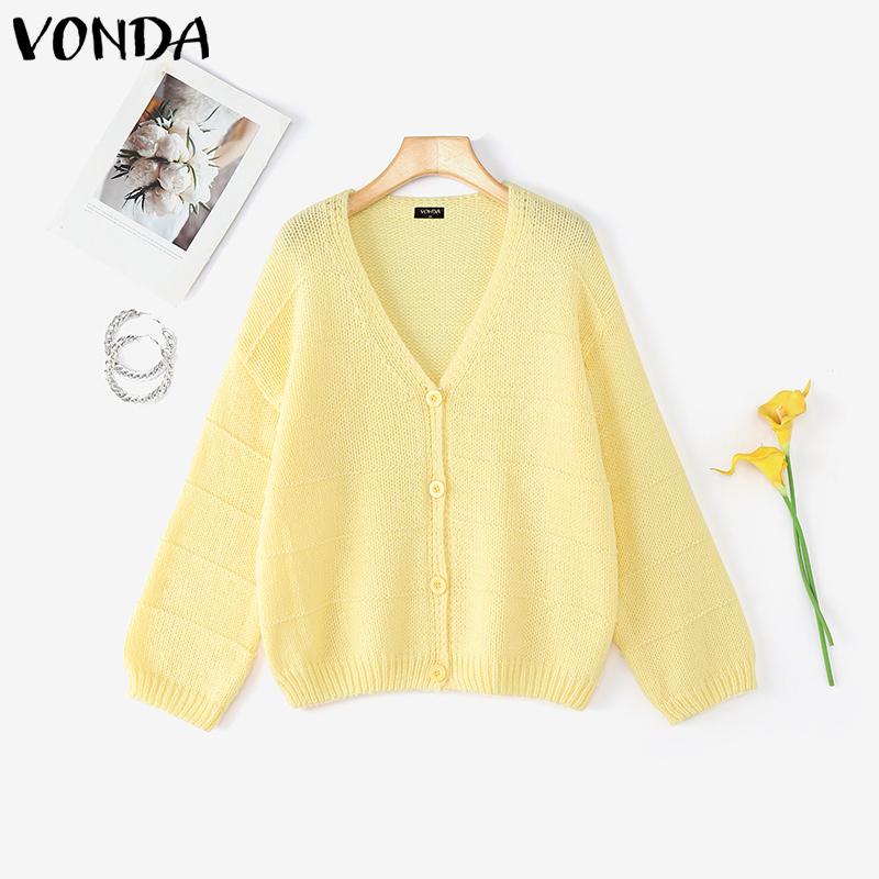 

VONDA Women Casual V Neck Long Sleeve Loose Knitted Cardigans Sweaters L жёлтый