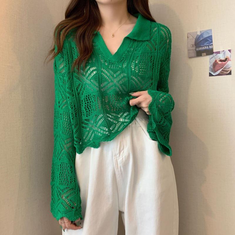 Women's Niche Hollow-Out Long-Sleeve Knit Sweater with Lapel Flare Sleeves - Early Spring Edition