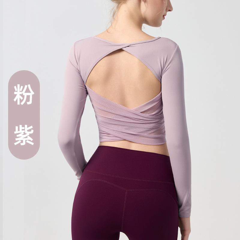 Mesh splicing integrated chest pad sports running fitness top women s backless tight training yoga clothes long sleeves S