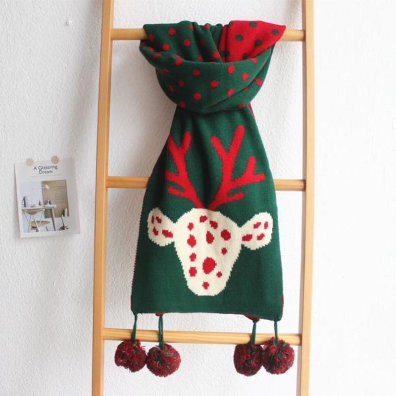 Świąteczny Szalik Damski z Jeleniem Okrągłe Kropki Dwustronny Wełniany Pompon Dzianinowe Szaliki Koreańskie Jesień Zima Codzienny Damski Modne Akcesoria