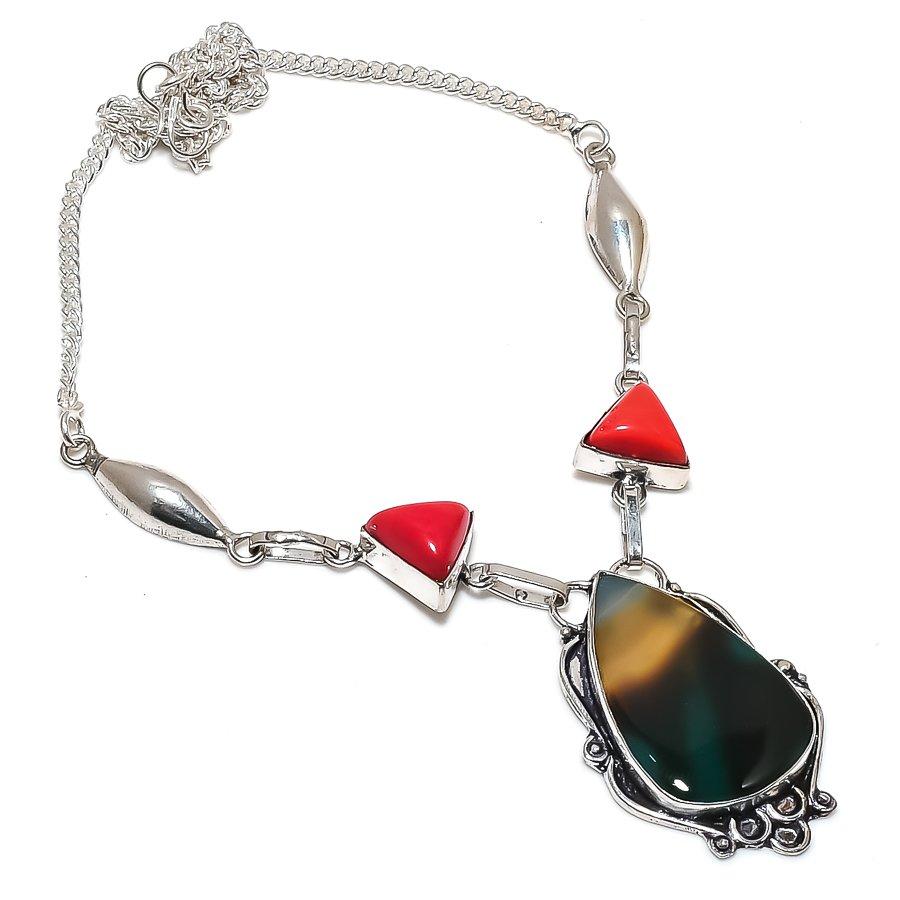 Natural Banded Agate, Coral 925 Sterling Silver Jewelry Necklace 18" b4O83