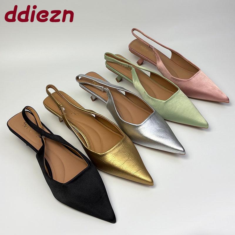 Fashion Fashion Silk Women Medium Heels Sandals Shoes Female Pointed Toe Footwear Shallow Ladies 3.5CM Heels Sandals Slip On Shoes Pumps
