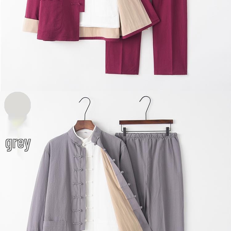 Men's Chinese Tang Suit: Cotton Linen Three-Piece Set with Stand Collar - Zen Meditation Outfit for Spring and Autumn